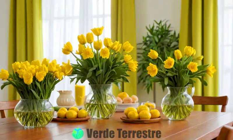 Arreglo de 20 flores amarillas en jarrones sobre una mesa de madera