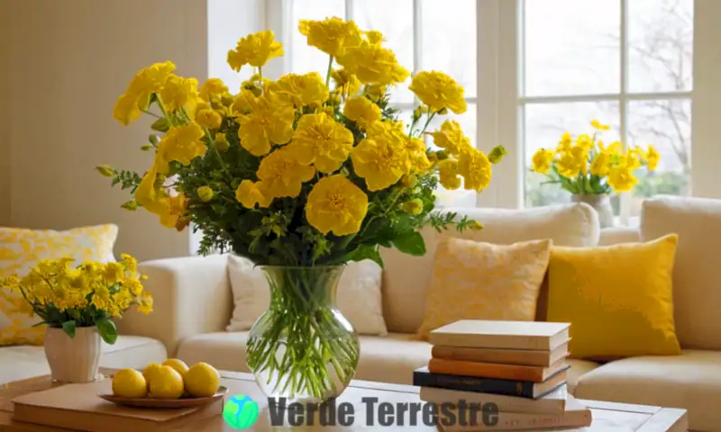 Ramo de 20 flores amarillas en un acogedor salón, con luz natural y elementos decorativos