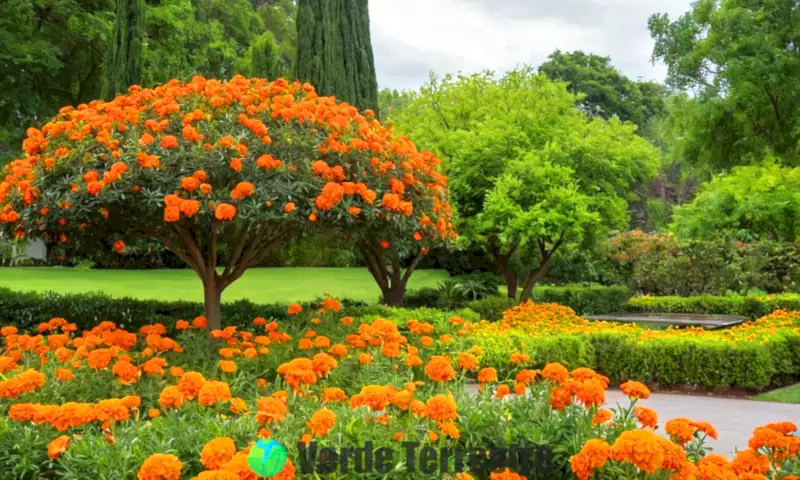 Portada colorida de un jardín sereno con flores naranjas y árboles en un estilo artístico suave