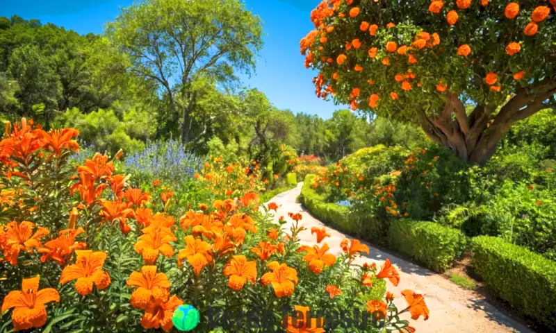 Ilustración de un jardín soleado con nueve variedades de flores naranjas y un árbol impresionante, todo rodeado de follaje verde
