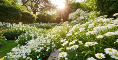 Jardín con 20 tipos de flores blancas en pleno florecimiento