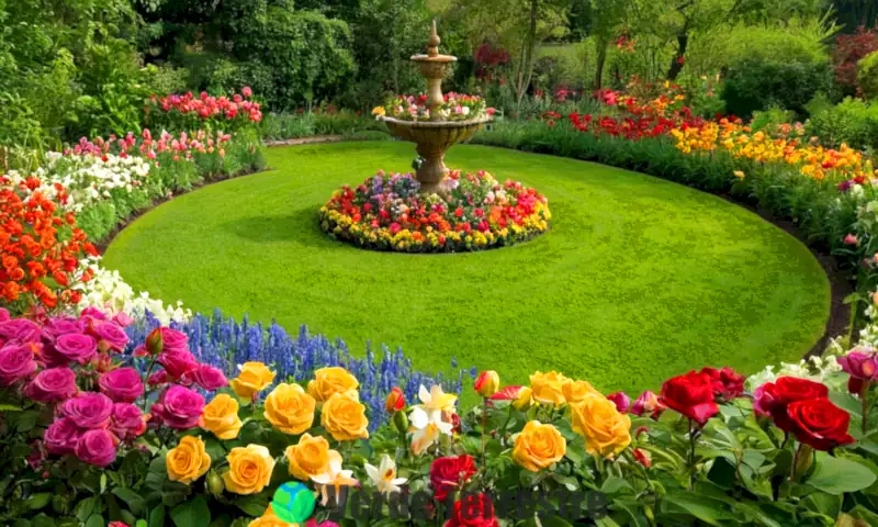 Ilustración colorida de 30 flores hermosas dispuestas en círculo en un jardín, con luz suave y detalles intrincados