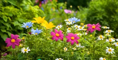 Jardín con flores estrelladas de colores brillantes