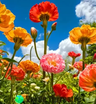 Ilustración realista de flores hermafroditas en un jardín exuberante con cielo azul y nubes suaves