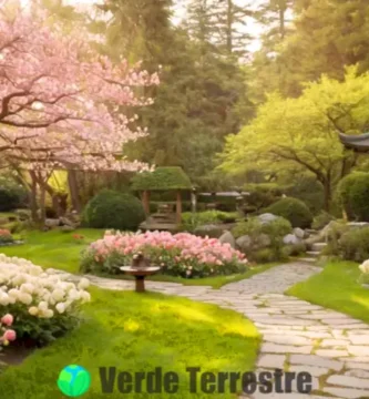 Jardín japonés sereno con flores como cerezos y crisantemos en acuarela