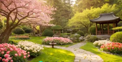 Jardín japonés sereno con flores como cerezos y crisantemos en acuarela