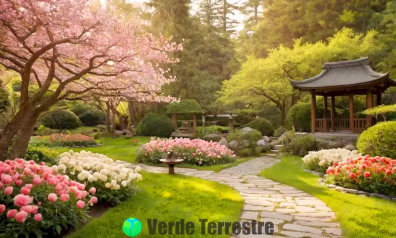 Jardín japonés sereno con flores como cerezos y crisantemos en acuarela