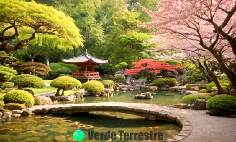 Collage vibrante de flores japonesas en un jardín tradicional con un estanque de koi y faroles de piedra