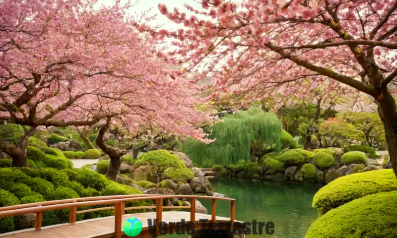 Flores de cerezo en plena floración en un jardín japonés, con un estanque y un puente de madera bajo luz suave