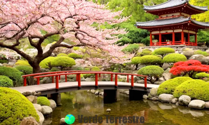 Arreglo de flores japonesas en un jardín tradicional, con un estanque, un puente de madera y colinas suaves, en una paleta de colores pastel