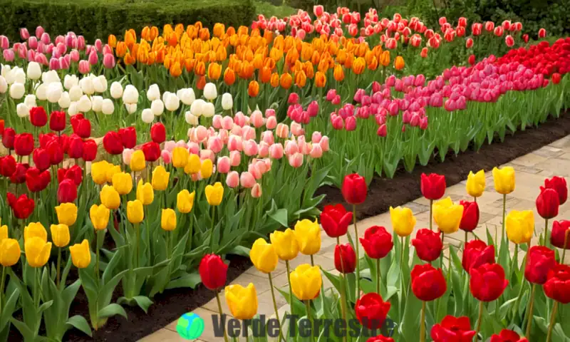 Una variada exhibición de tulipanes y flores tipo rosa en un vibrante jardín primaveral