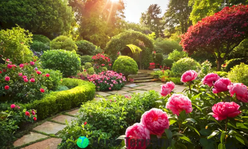 Un jardín vibrante con ocho variedades de flores similares a rosas, rodeadas de follaje verde y una suave luz solar