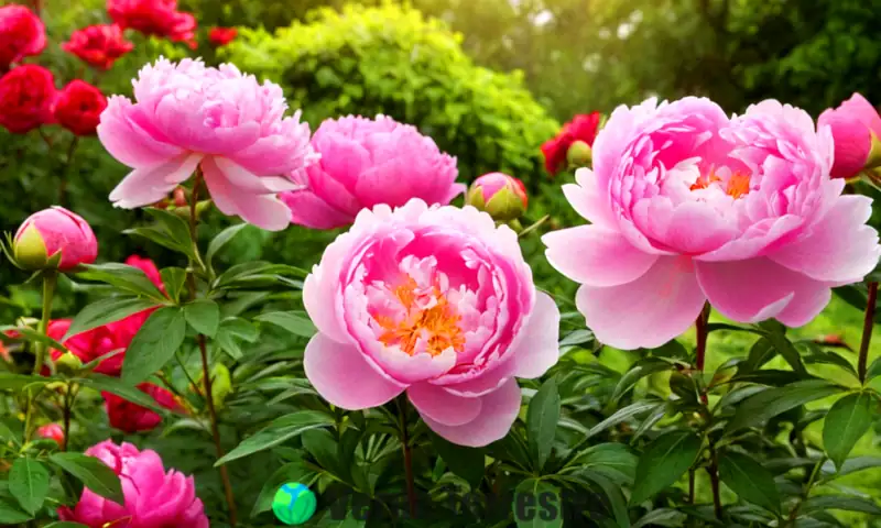 Peonías en un jardín vibrante, rodeadas de flores coloridas y un fondo soleado