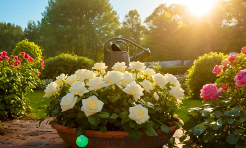 Jardín vibrante con gardenias, flores similares a rosas y luz dorada, resaltando su belleza natural