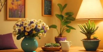 Interior hogareño acogedor con flores decorativas