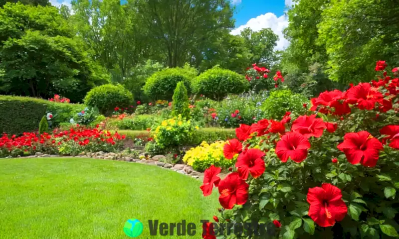 Jardín vibrante con 17 plantas rojas en flor, rodeado de vegetación y bajo un cielo azul salpicado de nubes blancas