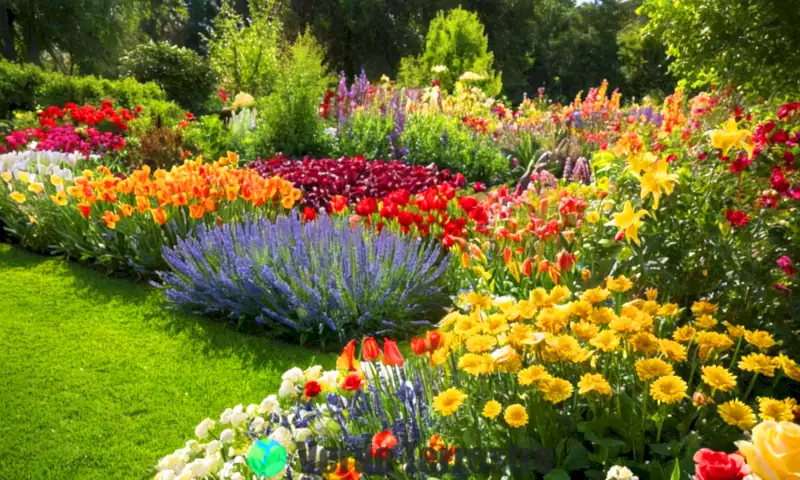 Ilustración colorida de diez flores diferentes en un jardín, cada una etiquetada con su nombre y significado, bajo una atmósfera serena y soñadora