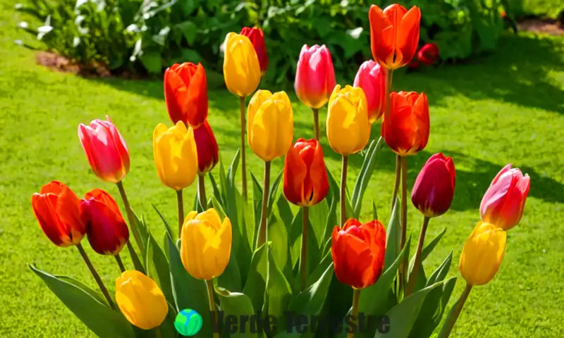 Ramo de diez variedades de tulipanes en un jardín exuberante, con luz suave y etiquetas en caligrafía elegante