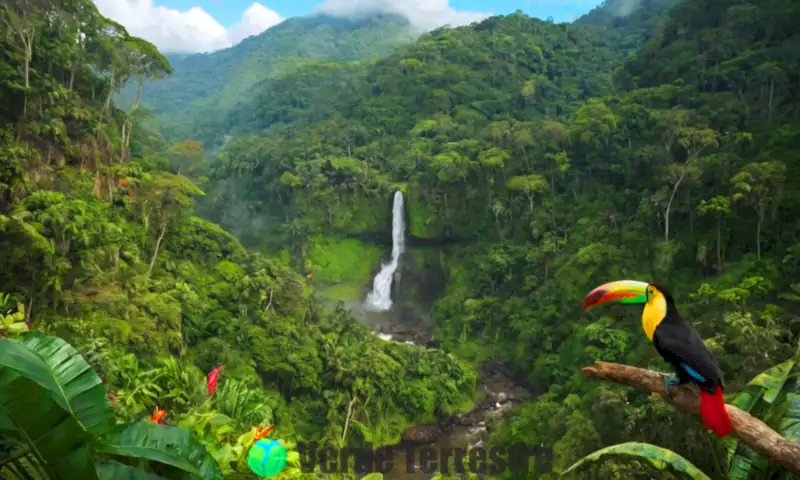 Escena de selva brasileña con flora variada, incluyendo tucanes, jaguares y mariposas, rodeada de follaje verde y flores exóticas en un ambiente brumoso