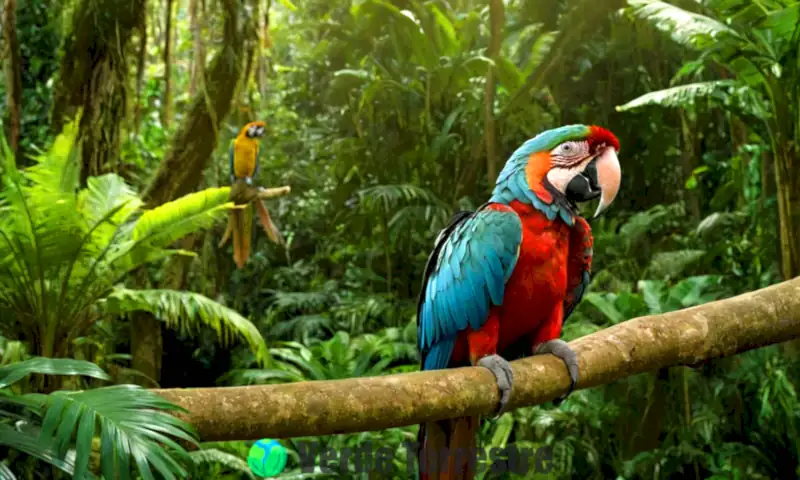 Escena de fauna brasileña con una guacamaya, un jaguar y un mono en una selva tropical
