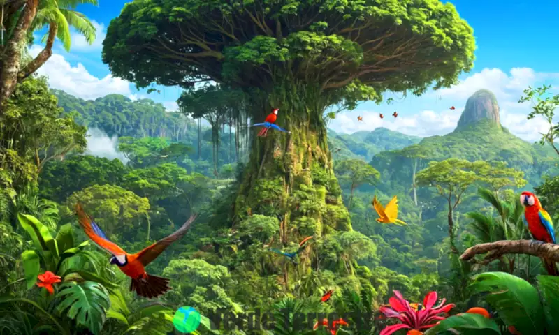 Ecosistema vibrante de la selva brasileña con flora y fauna diversa, incluyendo aves exóticas y mariposas coloridas bajo un cielo azul