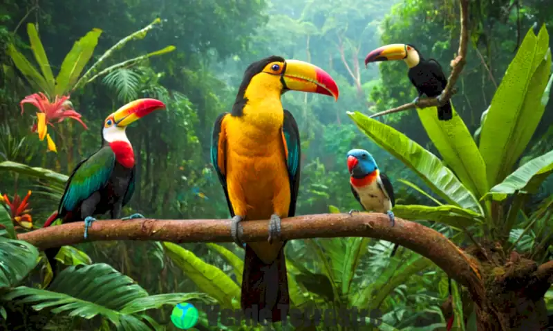 Escena exuberante de la selva amazónica brasileña, con flora y fauna diversas, incluyendo tucanes, jaguares y ranas venenosas