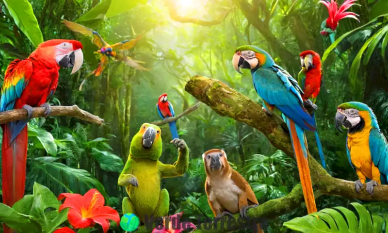 Escena de selva tropical con un guacamayo, un mono juguetón y un camaleón, rodeados de plantas verdes y flores de colores brillantes en un estilo caricaturesco