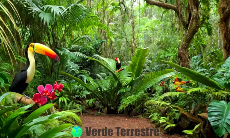 Selva tropical ilustrada con plantas coloridas, orquídeas, helechos y animales como monos y tucanes