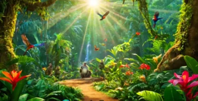 Escena de un bosque tropical infantil con árboles verdes