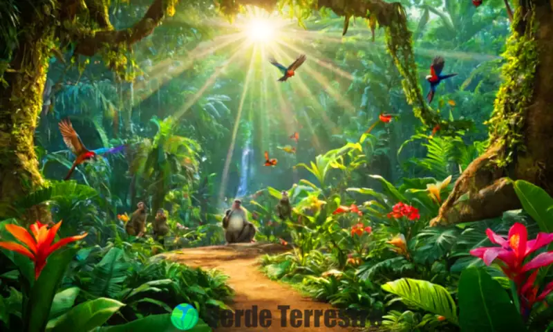 Escena de un bosque tropical infantil con árboles verdes