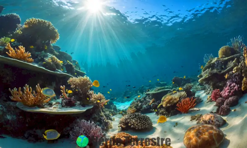 Escena submarina vibrante con un colorido arrecife de coral, peces, tortugas marinas y estrellas de mar bajo una luz azul tranquila