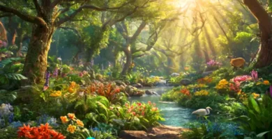 Ecosistema vibrante con flora y fauna diversa en un bosque iluminado por la luz del sol