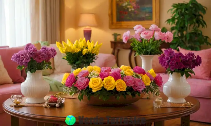 Ramo de flores en forma de campana en tonos vibrantes, en un salón acogedor y bien decorado