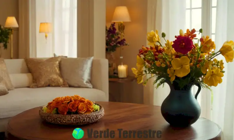 Salón moderno y acogedor con diez flores en forma de campana en jarrones elegantes sobre una mesa de madera