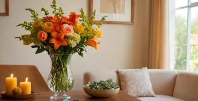 Arreglo floral de diez flores en forma de campana en un ambiente acogedor