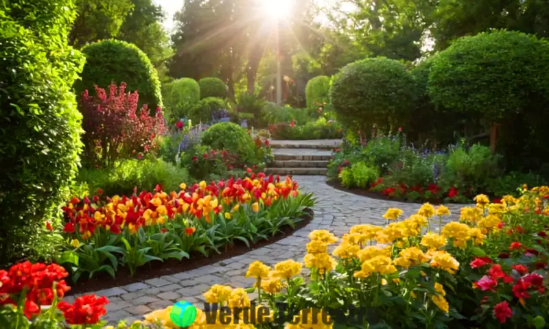 Diez flores en forma de campana en un jardín vibrante, rodeadas de vegetación exuberante y luz suave