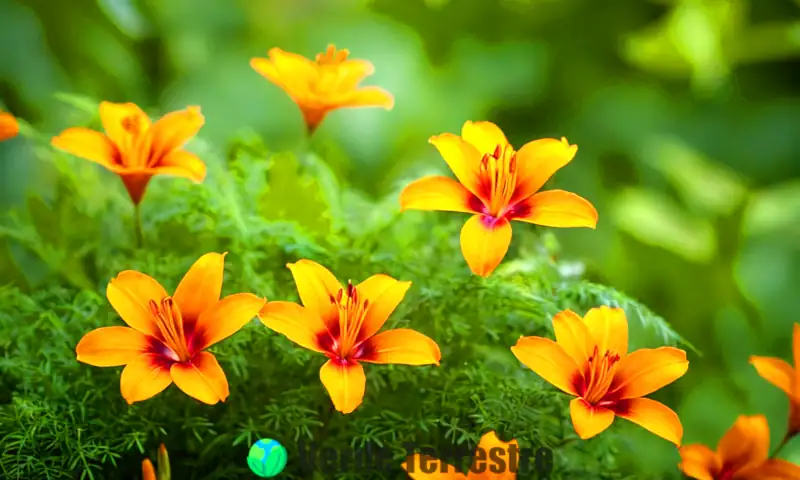 Una flor de azafrán vibrante en pleno florecimiento, rodeada de vegetación exuberante en un jardín elegante