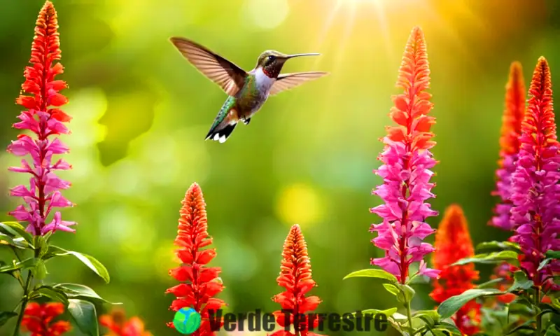 Jardín vibrante con flores coloridas y un colibrí acercándose a una flor, bajo la luz del sol