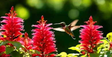 Jardín encantador con flores vibrantes y colibríes rodeados de vegetación exuberante
