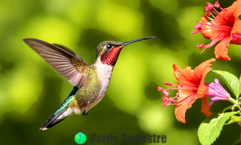 Jardín vibrante con un colibrí en el aire, rodeado de diversas flores coloridas