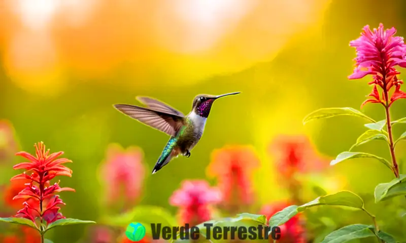 Colibrí iridiscente sobre una flor roja en un jardín vibrante lleno de flores de colores