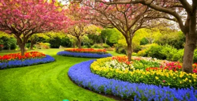 Jardín vibrante con 18 árboles en flor
