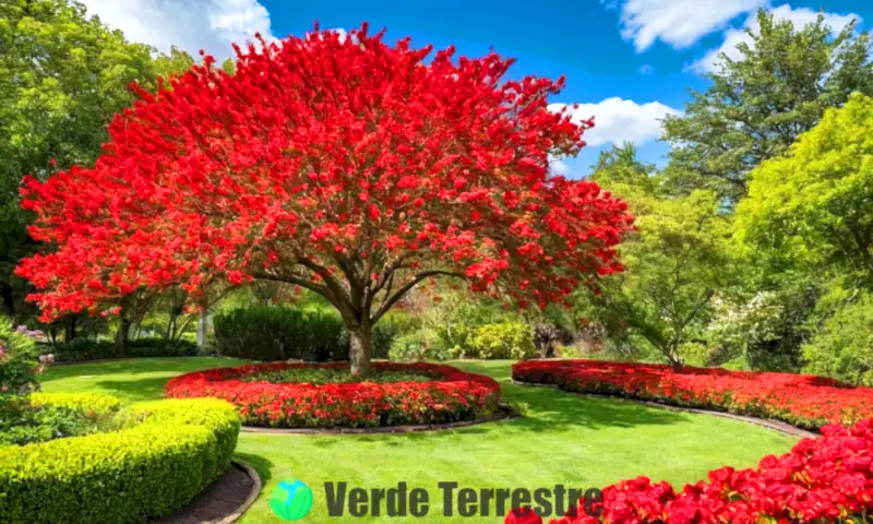 Jardín vibrante con 18 árboles de flores rojas, fondo azul y etiquetas elegantes
