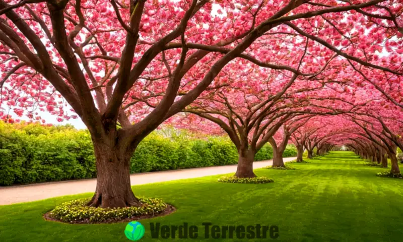 Jardín pintoresco con 18 tipos de árboles en flor rosa, rodeado de un cielo azul y nubes suaves