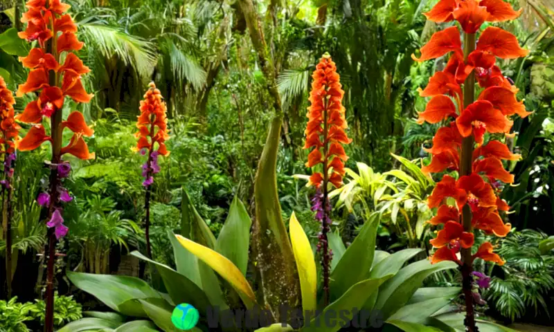Arreglo de flores exóticas y raras con colores vibrantes, en un fondo verde tropical