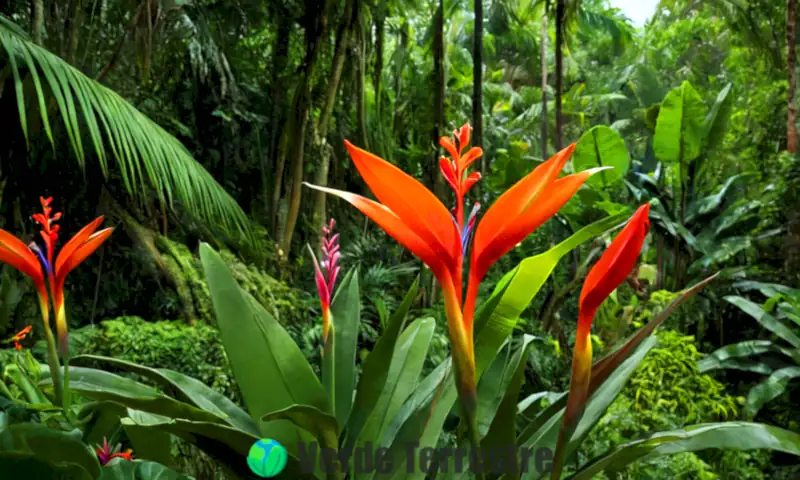 Colección vibrante de 16 flores raras en un entorno tropical, destacando colores exóticos y detalles intrincados