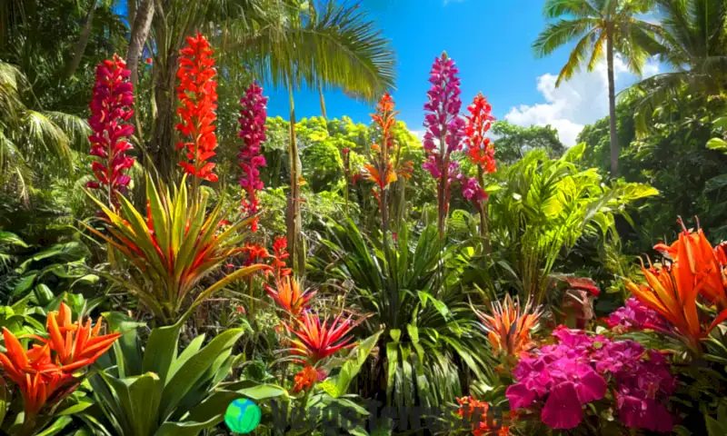 Un arreglo de flores exóticas y raras en un entorno tropical bajo luz suave, con follaje verde y un cielo azul