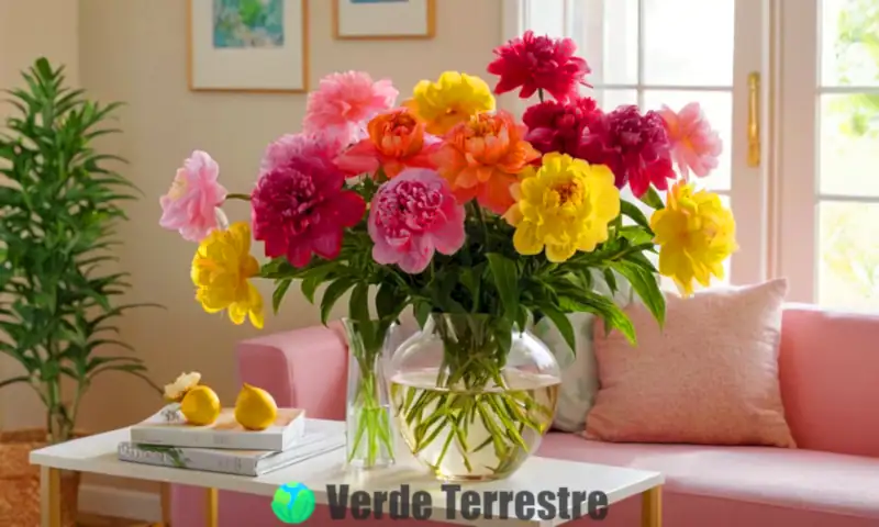 Ilustración de diez flores grandes y coloridas en un acogedor salón, con peonías, dalias e hibiscos en un ambiente alegre y fresco