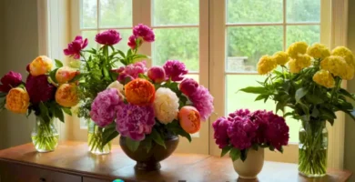 Ramo de flores vibrantes en un salón acogedor iluminado por luz natural