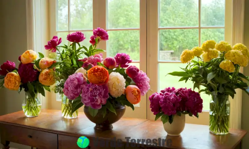 Ramo de flores vibrantes en un salón acogedor iluminado por luz natural